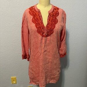 Roberta Freymann 100% Linen V-neck Embroidered 3/4 Sleeve Tunic